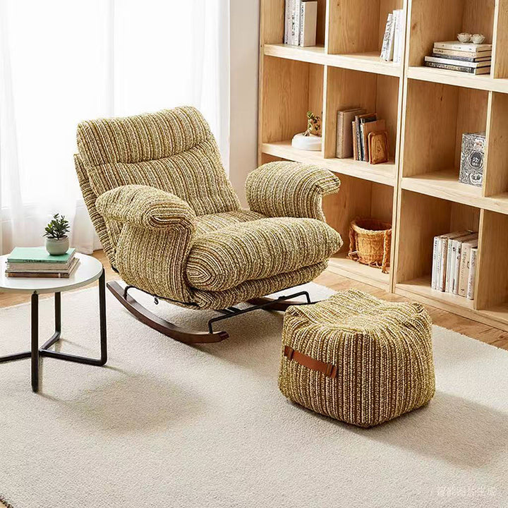 Chaise à bascule carrée contemporaine nordique en bois massif, fer et coton-lin, avec accoudoirs et dossier réglable pour salon 