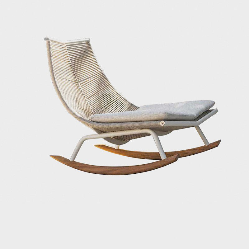 Chaise à bascule rectangulaire contemporaine en rotin PE nordique et bois de teck, dossier, en tissu imperméable, pour salon et extérieur 