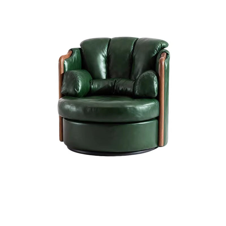 Silla de acento giratoria redonda de cuero sintético Nappa falso de hierro y madera maciza retro contemporánea para sala de estar 