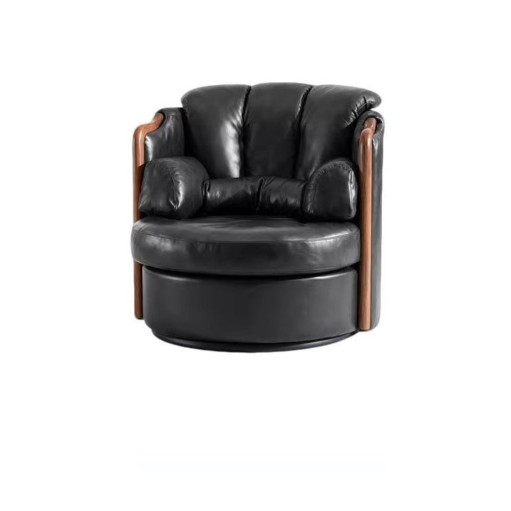 Silla de acento giratoria redonda de cuero sintético Nappa falso de hierro y madera maciza retro contemporánea para sala de estar 