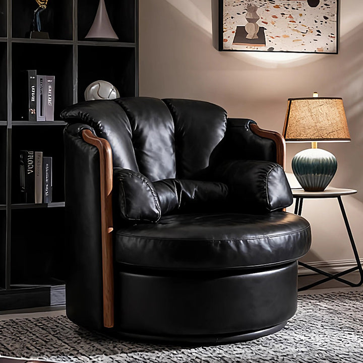 Chaise d'appoint ronde pivotante contemporaine rétro en bois massif, fer et faux cuir Nappa pour salon 