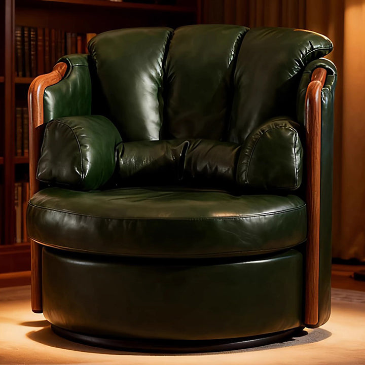 Chaise d'appoint ronde pivotante contemporaine rétro en bois massif, fer et faux cuir Nappa pour salon 