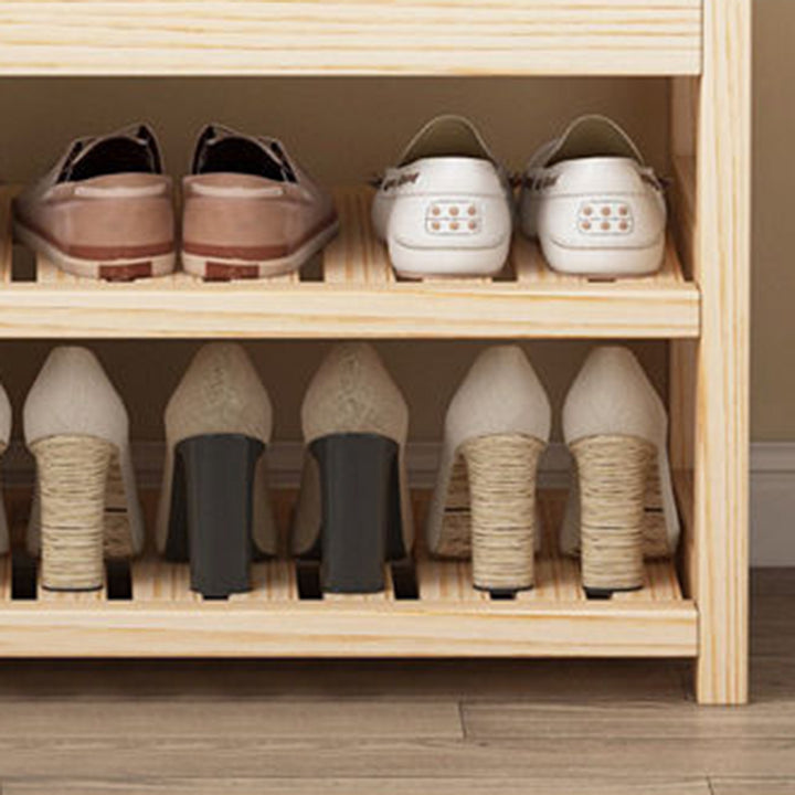 Moderner minimalistischer Schuhbank aus massivem Holz und Leinen, rechteckig, 2-stufiger Garderobenständer für den Eingangsbereich 