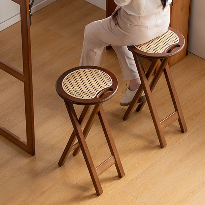 Tabouret de bar pliant rond en bambou, résine et rotin tressé, style rétro contemporain, pour salle à manger et cuisine 