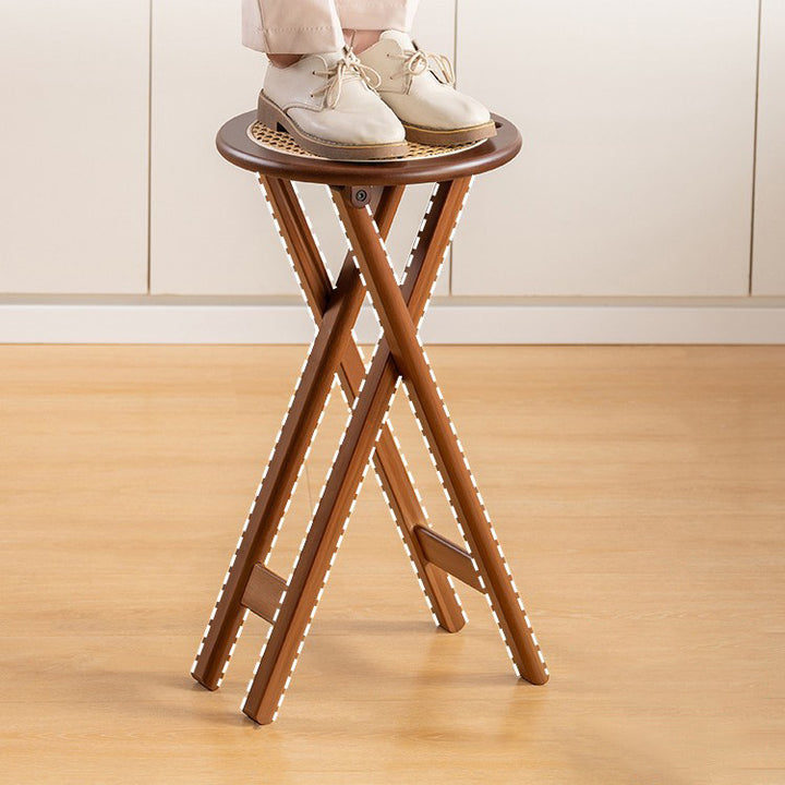 Tabouret de bar pliant rond en bambou, résine et rotin tressé, style rétro contemporain, pour salle à manger et cuisine 