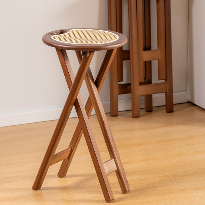 Tabouret de bar pliant rond en bambou, résine et rotin tressé, style rétro contemporain, pour salle à manger et cuisine 