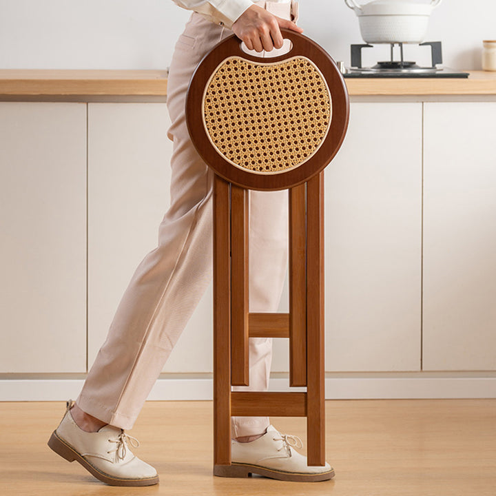 Tabouret de bar pliant rond en bambou, résine et rotin tressé, style rétro contemporain, pour salle à manger et cuisine 