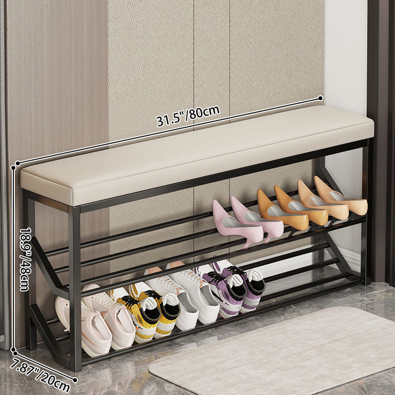 Modern Minimalist Faux Leather Steel Rectangular Shoe Bench 2-Tier Storage For Entryway