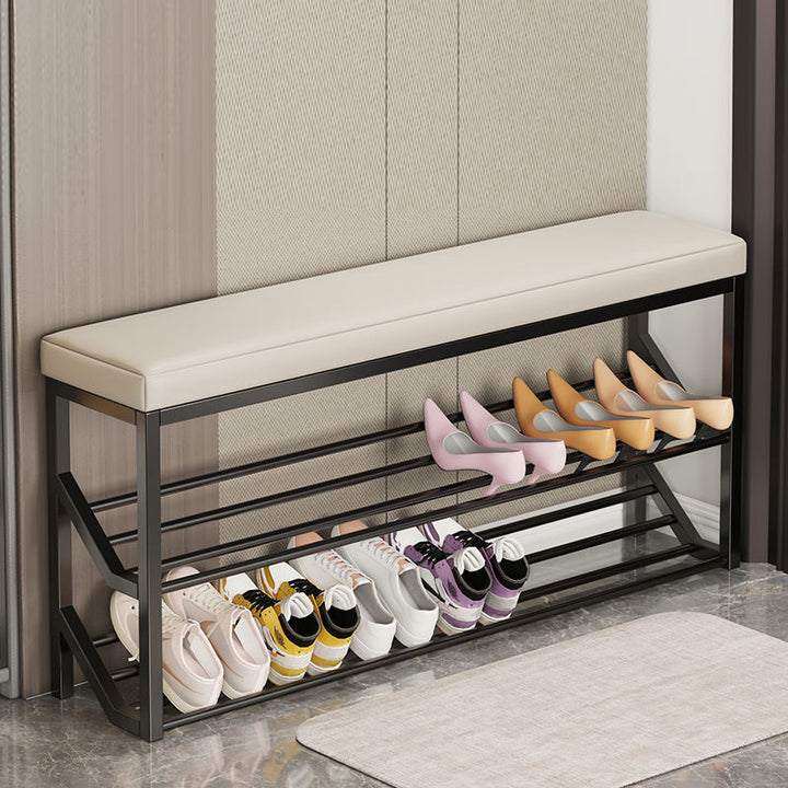 Modern Minimalist Faux Leather Steel Rectangular Shoe Bench 2-Tier Storage For Entryway