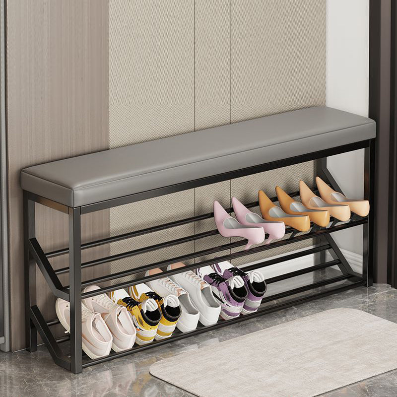 Modern Minimalist Faux Leather Steel Rectangular Shoe Bench 2-Tier Storage For Entryway