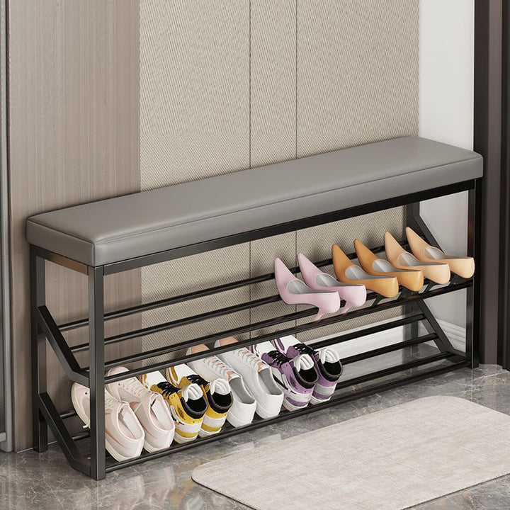 Modern Minimalist Faux Leather Steel Rectangular Shoe Bench 2-Tier Storage For Entryway
