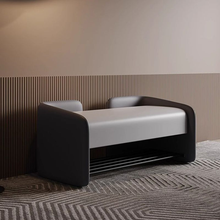 Banc à chaussures rectangulaire contemporain nordique en cuir Nappa synthétique, bois massif, contreplaqué et acier au carbone, 0/1 tiroir pour entrée 