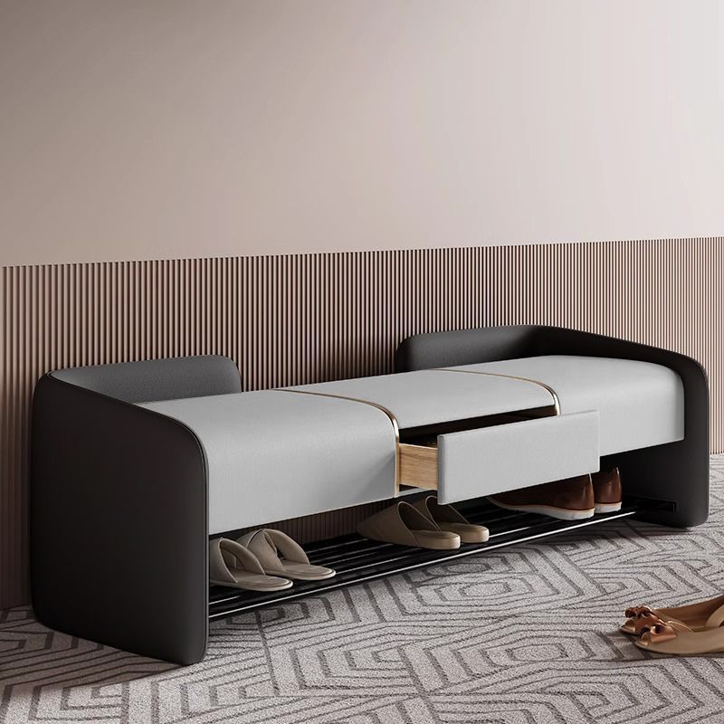 Banc à chaussures rectangulaire contemporain nordique en cuir Nappa synthétique, bois massif, contreplaqué et acier au carbone, 0/1 tiroir pour entrée 