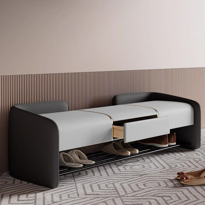 Banc à chaussures rectangulaire contemporain nordique en cuir Nappa synthétique, bois massif, contreplaqué et acier au carbone, 0/1 tiroir pour entrée 