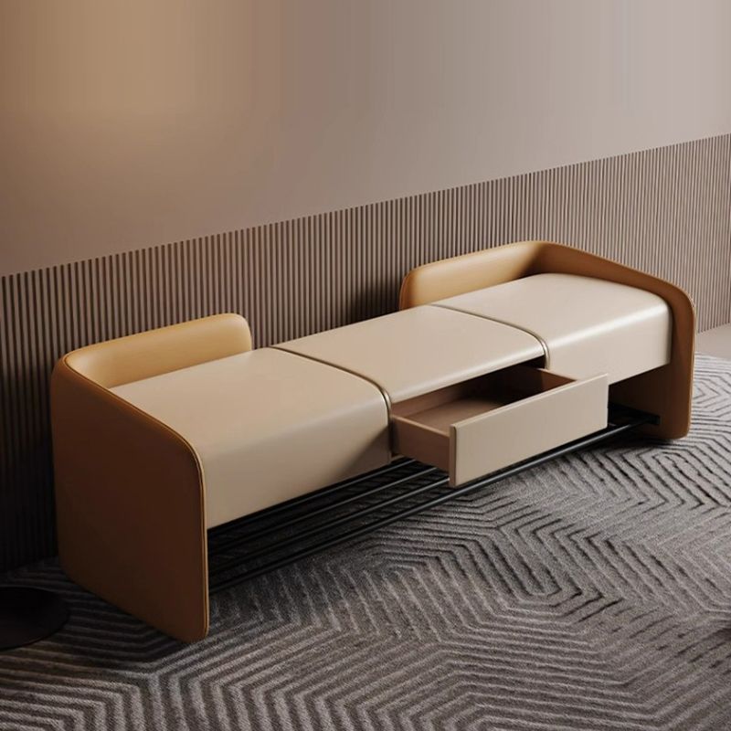 Banc à chaussures rectangulaire contemporain nordique en cuir Nappa synthétique, bois massif, contreplaqué et acier au carbone, 0/1 tiroir pour entrée 