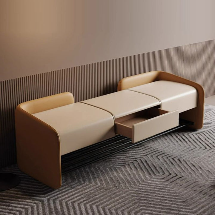 Banc à chaussures rectangulaire contemporain nordique en cuir Nappa synthétique, bois massif, contreplaqué et acier au carbone, 0/1 tiroir pour entrée 