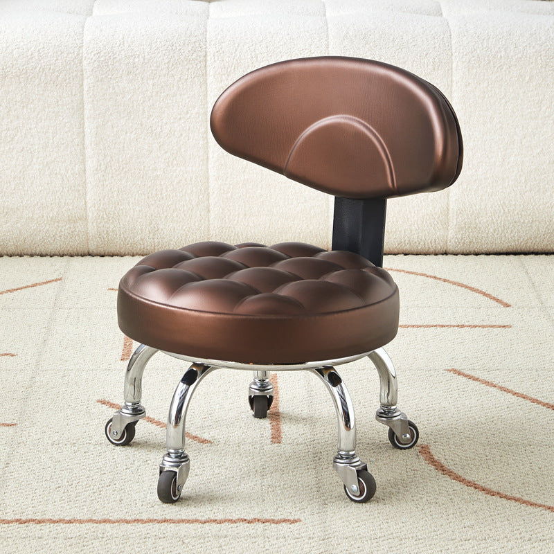Contemporary Retro Faux Leather Carbon Steel Rubber Round Movable Low Stool Comfortable Backrest For Living Room