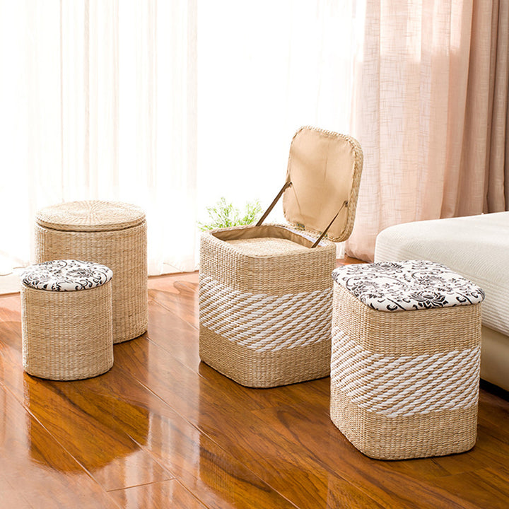 Modern Minimalistischer Rohrkolben-Gras-Pappelholz-Leinen-Runder-Quadratischer-Web- niedriges Hocker-Set mit verstecktem Stauraum für das Wohnzimmer 