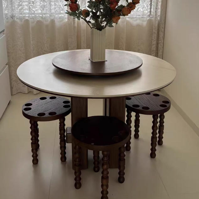 Contemporary Retro Rubberwood Round Stackable Low Stool For Living Room