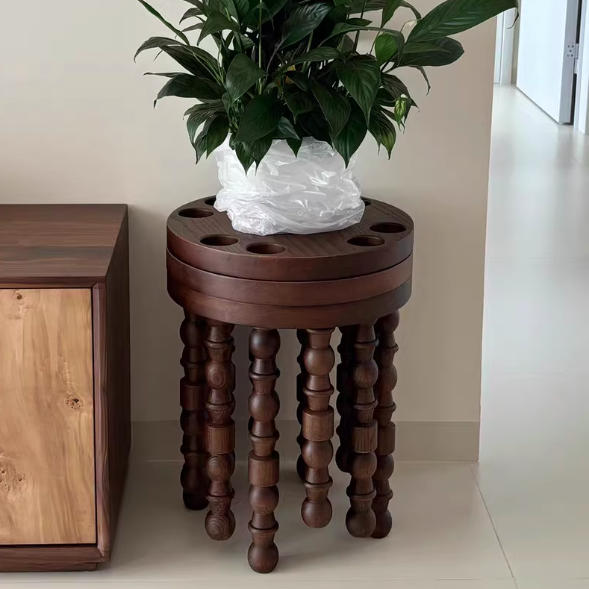 Contemporary Retro Rubberwood Round Stackable Low Stool For Living Room