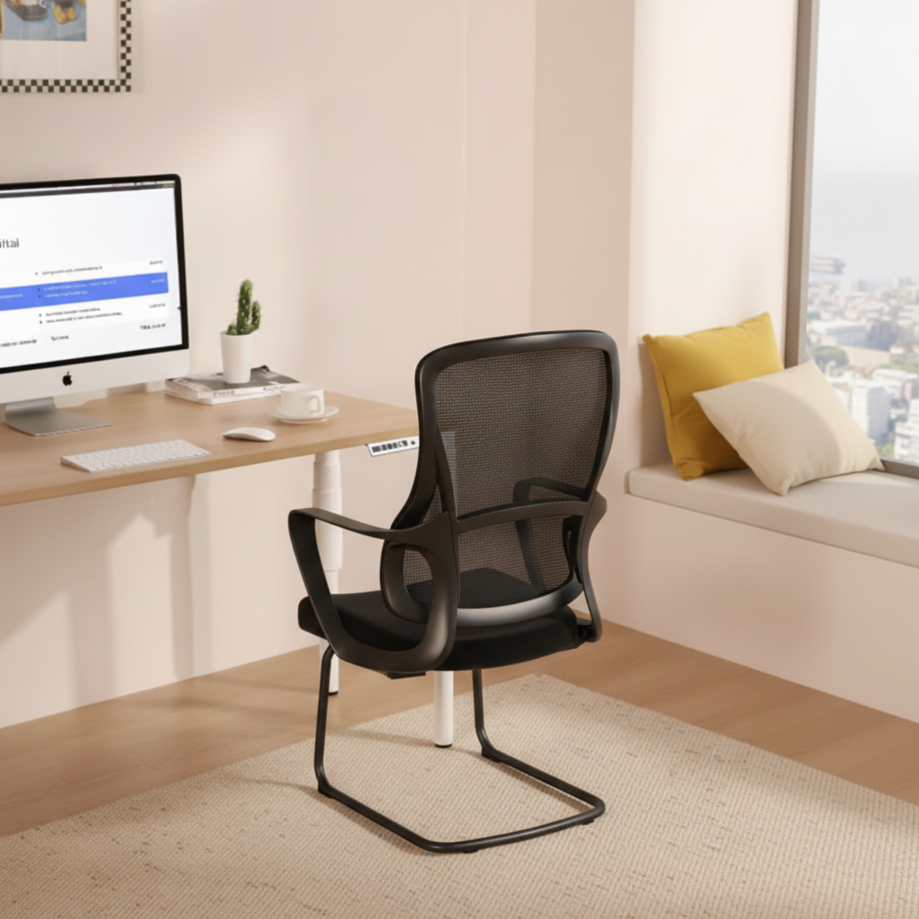 Stylish Black Mesh Executive Desk Chair - Minimalist High-End Visitor Chair With Memory Foam Seat &amp; Steel Frame For Home Office