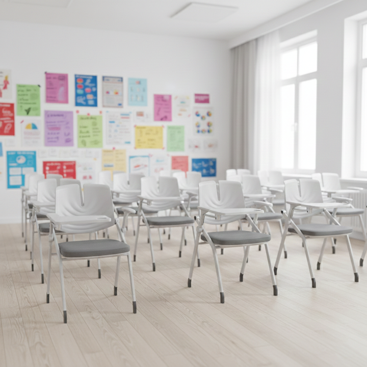 Platzsparender klappbarer Schreibtischstuhl mit 180° drehbarer Schreibplatte – minimalistisches Design, leise Rollen und verstellbare Armlehnen, komfortabel und praktisch fürs Homeoffice 