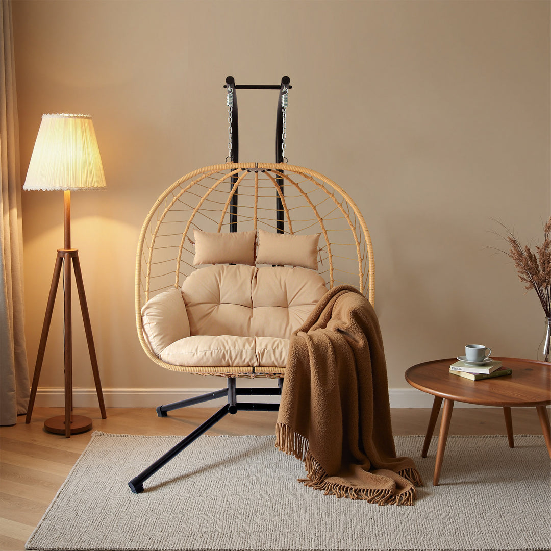 Modern Minimalist Galvanized Polyester PE Rattan Oval Double Swing Chair Backrest Armless For Living Room &amp; Outdoor