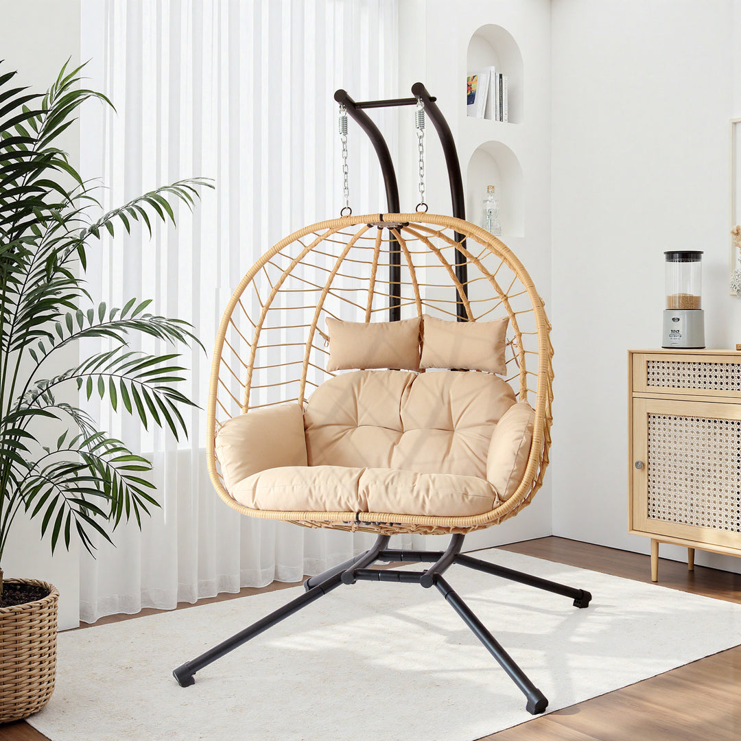 Modern Minimalist Galvanized Polyester PE Rattan Oval Double Swing Chair Backrest Armless For Living Room &amp; Outdoor
