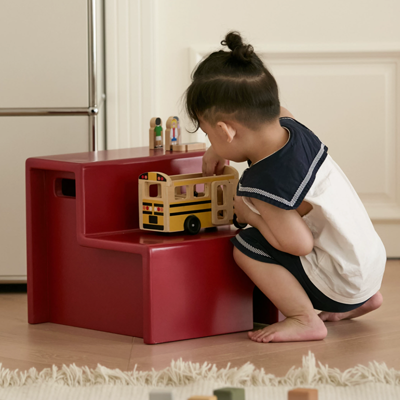 Beech Wood Cherry Wood Stable 2-Step Toddler Stool Kids Footstool - Nordic Stool With Rounded Corners &amp; Easy-Carry Handles For Living Room