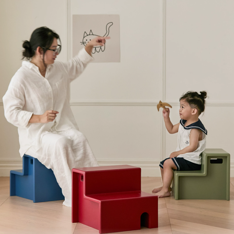 Beech Wood Cherry Wood Stable 2-Step Toddler Stool Kids Footstool - Nordic Stool With Rounded Corners &amp; Easy-Carry Handles For Living Room