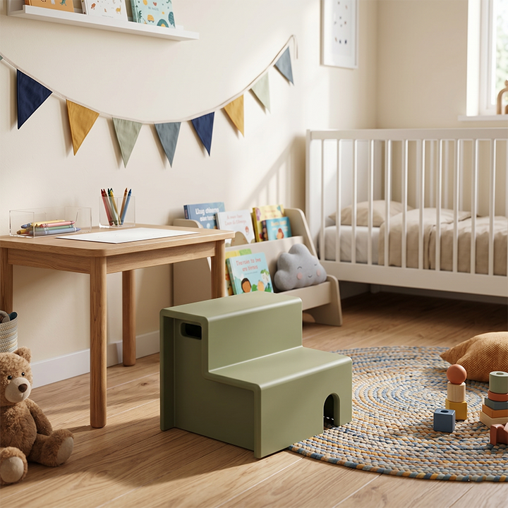 Beech Wood Cherry Wood Stable 2-Step Toddler Stool Kids Footstool - Nordic Stool With Rounded Corners &amp; Easy-Carry Handles For Living Room