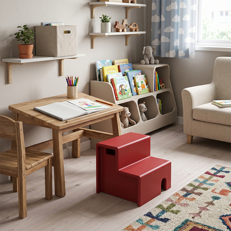 Beech Wood Cherry Wood Stable 2-Step Toddler Stool Kids Footstool - Nordic Stool With Rounded Corners &amp; Easy-Carry Handles For Living Room