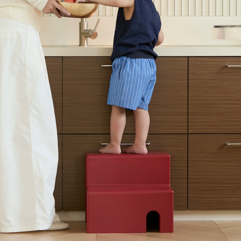 Beech Wood Cherry Wood Stable 2-Step Toddler Stool Kids Footstool - Nordic Stool With Rounded Corners &amp; Easy-Carry Handles For Living Room