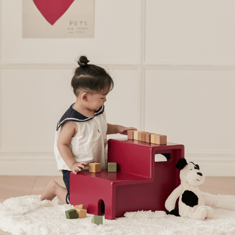 Beech Wood Cherry Wood Stable 2-Step Toddler Stool Kids Footstool - Nordic Stool With Rounded Corners &amp; Easy-Carry Handles For Living Room