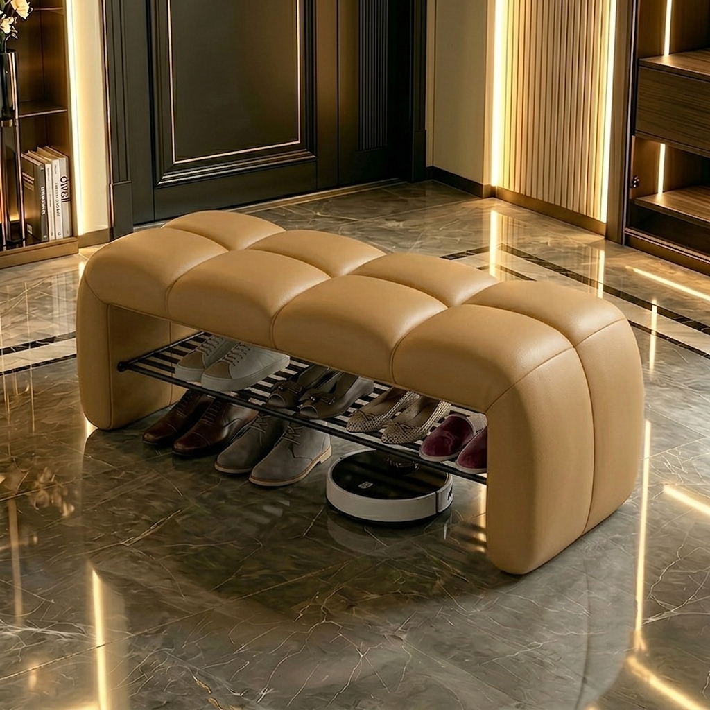 Contemporary Nordic Faux Nappa Leather Iron Plywood Rectangular Storage Shoe Bench With Compartment Design For Entryway