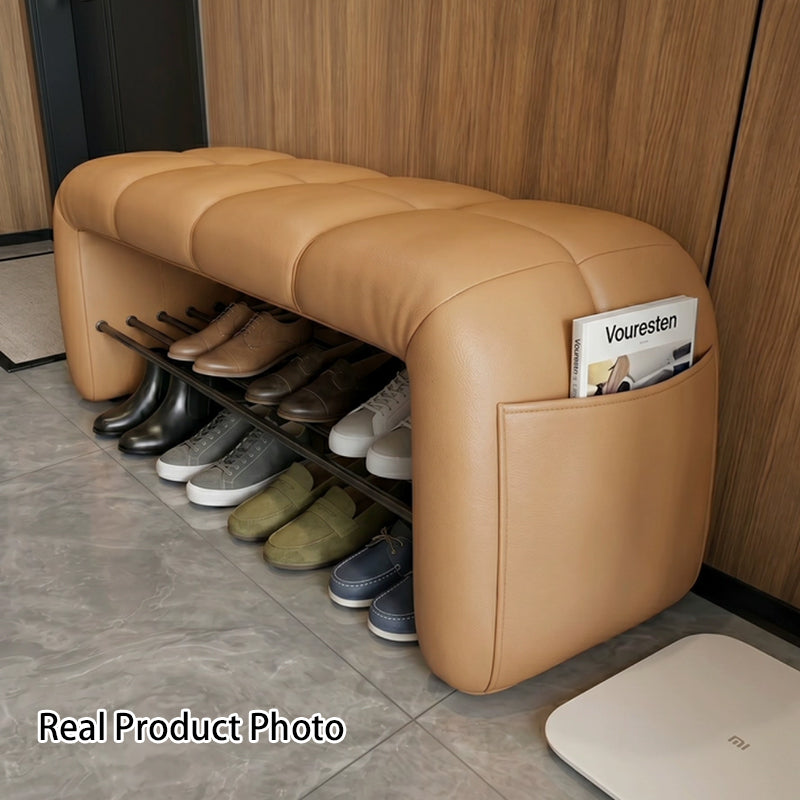 Contemporary Nordic Faux Nappa Leather Iron Plywood Rectangular Storage Shoe Bench With Compartment Design For Entryway