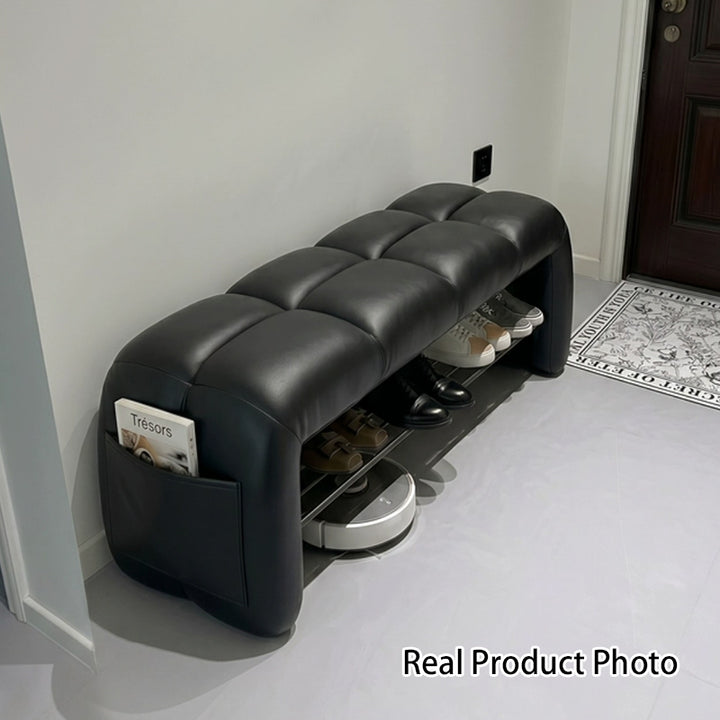 Contemporary Nordic Faux Nappa Leather Iron Plywood Rectangular Storage Shoe Bench With Compartment Design For Entryway