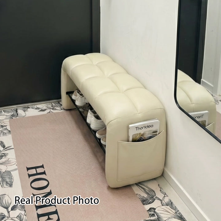 Contemporary Nordic Faux Nappa Leather Iron Plywood Rectangular Storage Shoe Bench With Compartment Design For Entryway