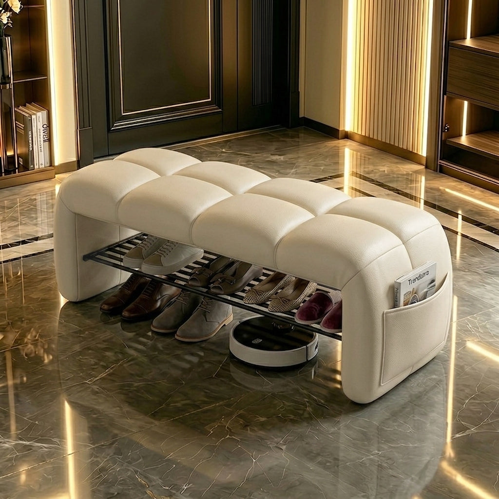 Contemporary Nordic Faux Nappa Leather Iron Plywood Rectangular Storage Shoe Bench With Compartment Design For Entryway