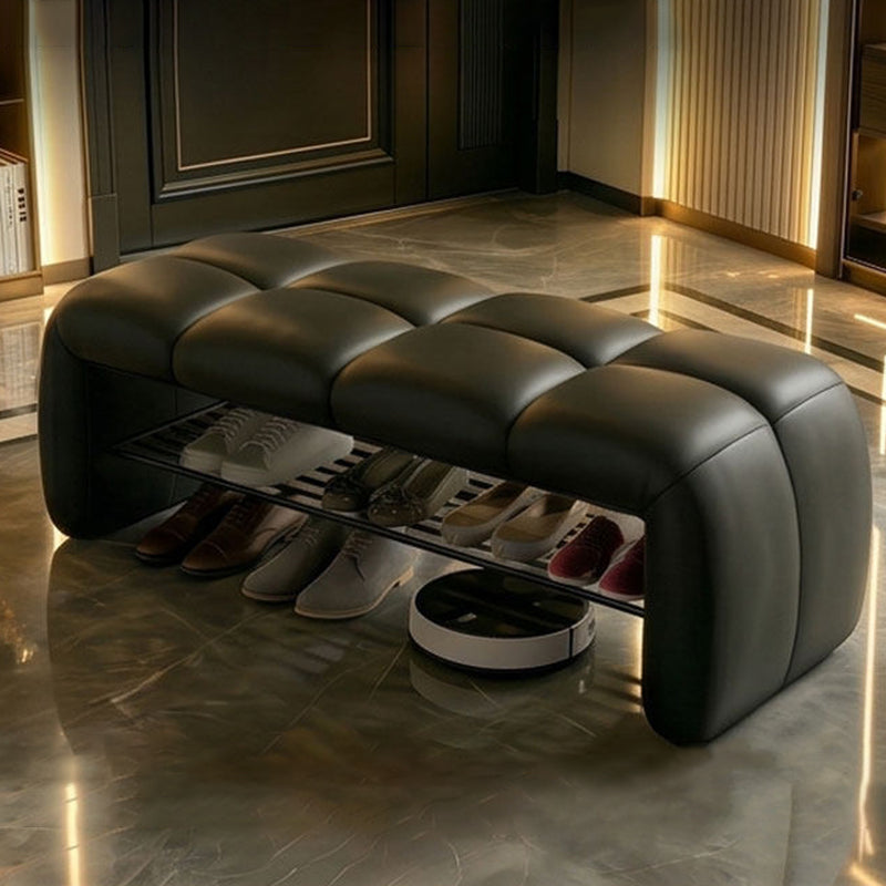 Contemporary Nordic Faux Nappa Leather Iron Plywood Rectangular Storage Shoe Bench With Compartment Design For Entryway