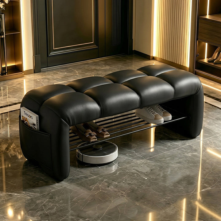 Contemporary Nordic Faux Nappa Leather Iron Plywood Rectangular Storage Shoe Bench With Compartment Design For Entryway