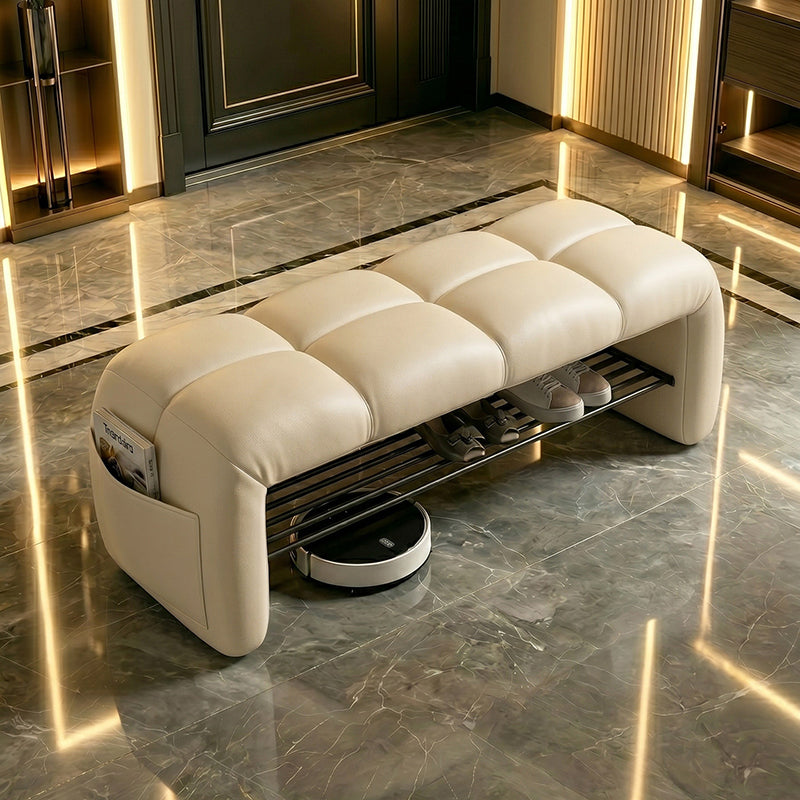 Contemporary Nordic Faux Nappa Leather Iron Plywood Rectangular Storage Shoe Bench With Compartment Design For Entryway