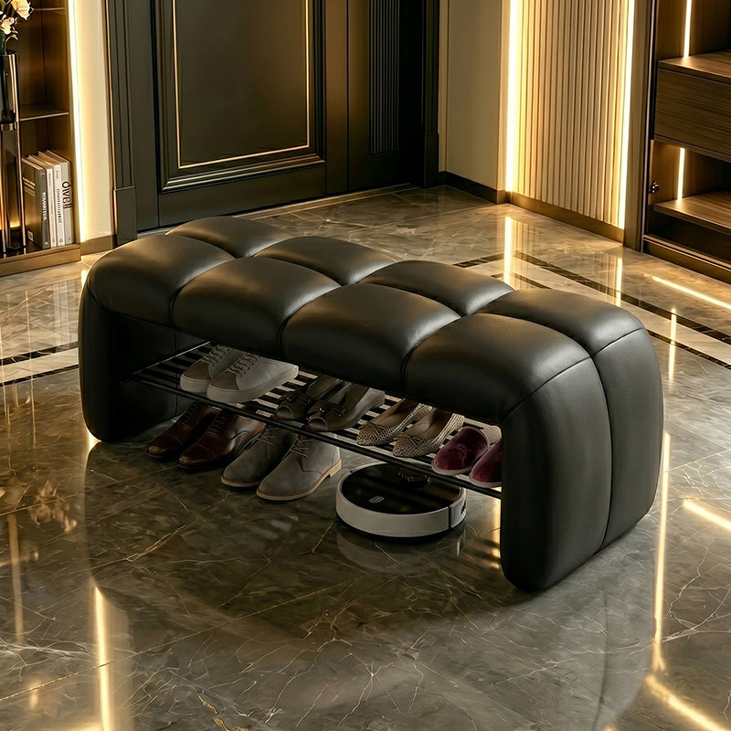 Contemporary Nordic Faux Nappa Leather Iron Plywood Rectangular Storage Shoe Bench With Compartment Design For Entryway