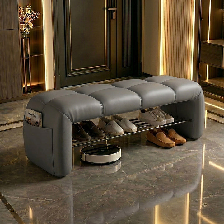 Contemporary Nordic Faux Nappa Leather Iron Plywood Rectangular Storage Shoe Bench With Compartment Design For Entryway