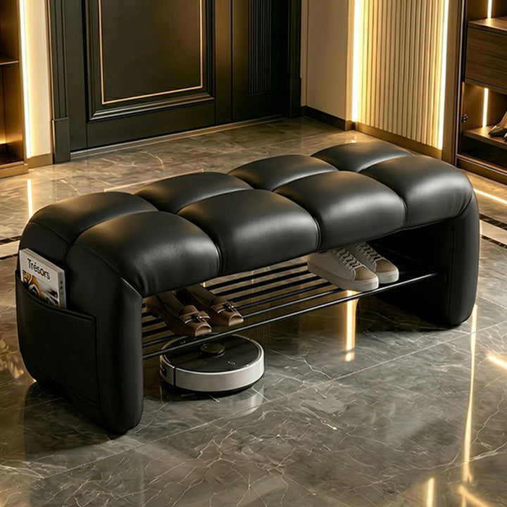 Contemporary Nordic Faux Nappa Leather Iron Plywood Rectangular Storage Shoe Bench With Compartment Design For Entryway