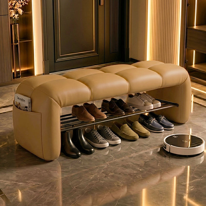 Contemporary Nordic Faux Nappa Leather Iron Plywood Rectangular Storage Shoe Bench With Compartment Design For Entryway