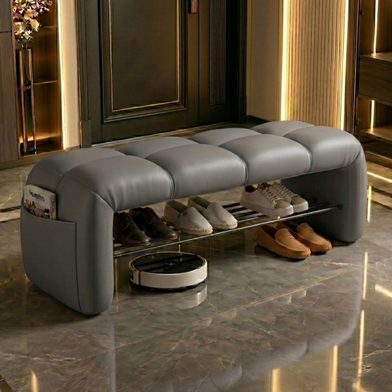 Contemporary Nordic Faux Nappa Leather Iron Plywood Rectangular Storage Shoe Bench With Compartment Design For Entryway