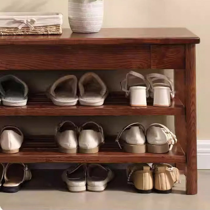 Solid Ash Wood Bench Multi-Purpose Hallway Organizer Shoe Bench - Chinese Shoe Rack Bench With Storage Drawer, Freestanding Hallway Seating Bench For Entryway