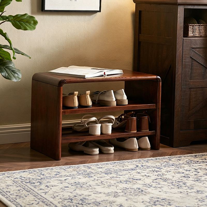 Solid Ash Wood Scratch-Resistant &amp; Wide Seat Shoe Bench - Chinese 2-Tier Open Shelves Storage &amp; Raised Bottom, No Assembly Required For Entryway