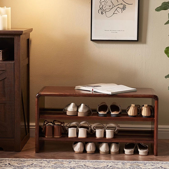 Solid Ash Wood Scratch-Resistant &amp; Wide Seat Shoe Bench - Chinese 2-Tier Open Shelves Storage &amp; Raised Bottom, No Assembly Required For Entryway